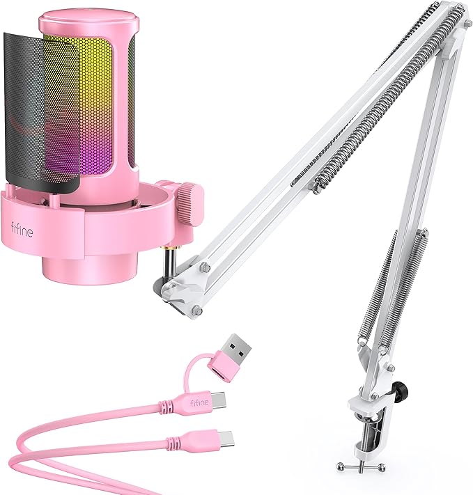 FIFINE USB Streaming Microphone with Boom Arm Gaming Mic Kit for PC PS4/PS5 Podcast Microphone for Podcast with RGB Control Mute Button Gain Knob Headphones Jack Pop Filter-A8T Pink