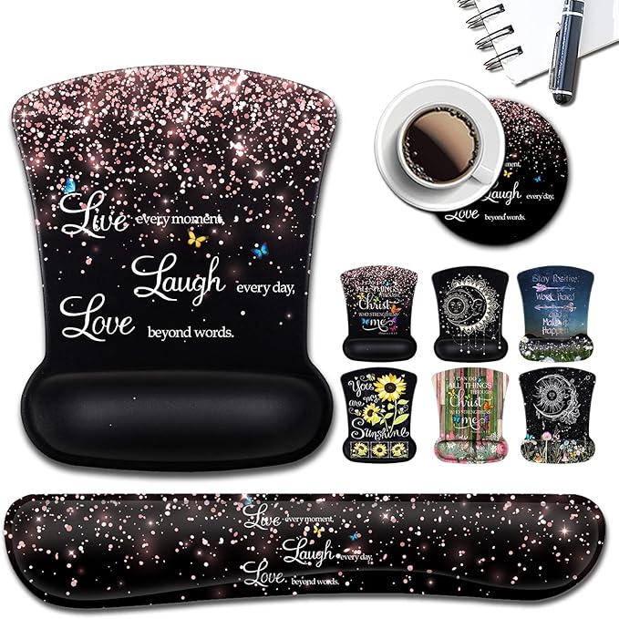 Office Mousepad with Gel Wrist Support - Ergonomic Gaming Desktop Mouse Pad and Memory Foam Keyboard Wrist Rest Set for Office Typing Games Desktop Decoration Rose Gold Glitter and Black Mouse Pad