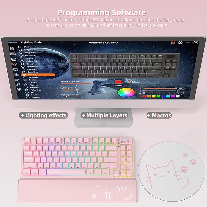 Womier 75% Pink Keyboard Wireless with Color Multimedia Screen Creamy Mechanical Gaming Keyboard 3-Modes Hot Swappable Cute Key Board w/Wrist Rest Gasket RGB Custom for Mac/Win (SK80 PRO)