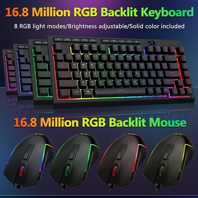 Redragon Wired Gaming Keyboard and Mouse Combo RGB Backlit 75% Mini Macro Membrane Keyboard with Anti-Ghosting &amp Multimedia Keys + 8000 DPI Programmable Optical Mice for PC Laptop
