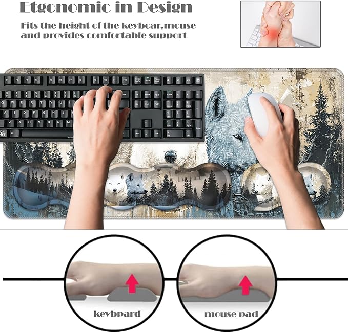 Ergonomic Keyboard Wrist Rest &amp Mouse Pad Wrist Rest SetXL Gaming Desk Mat 31.5x 11.8Non-Slip BaseMemory FoamEasy Typing Pain Relief for Office &amp HomeWolves Metal Chain Winter