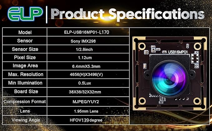 ELP 16MP Wide Angle USB Camera Module with 170degree Fisheye Lens for Raspberry Pi Computer 4K Mini UVC USB2.0 Video Webcam Board Industrial PC Lightburn IMX298 Laptop ELP-USB16MP01-L170