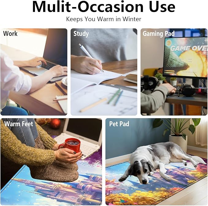 Heated Mouse Pad - 3 Temperature Settings (86°F–122°F)Auto Shut OffLarge 31.5x13 Inch PU Leather Desk Mat for OfficeGamingCold Hands ReliefDream Castle