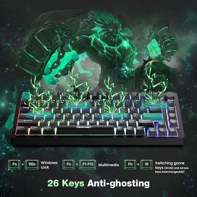 TECKNET Gaming Keyboard 75% Wired Keyboard RGB Backlit 82-Keys with Volume Knob Control 26 Keys Anti-ghosting Whisper Quiet Gaming Switch Travel Friendly for Windows Laptop PC Mac-Grey