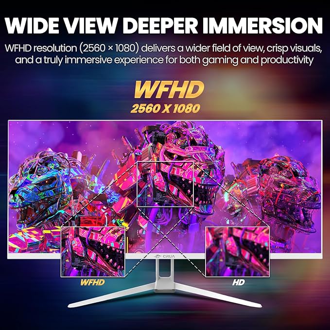 CRUA 34'' Ultrawide Gaming Monitor 120HZ 21:9 WFHD 2560X1080 IPS Panel Computer Monitors with Built-in Speakers Support AMD FreeSync 120% sRGB DP1.4 &amp HDMI1.4 Wall Mountable Installs-White