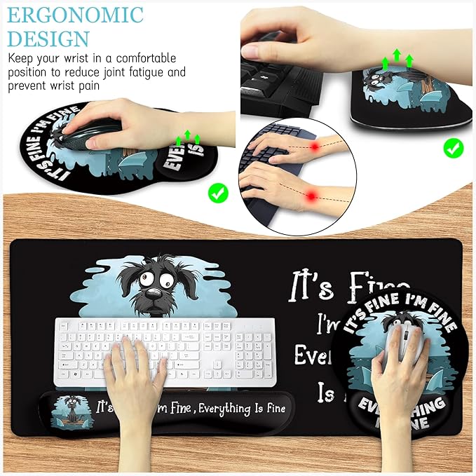 Funny Dog Mouse Pad Set Large Desk Mat With Wrist Rest for Gaming Ergonomic Mousepad Keyboard Mat Cup Coaster Set Office Accessories - It's Fine