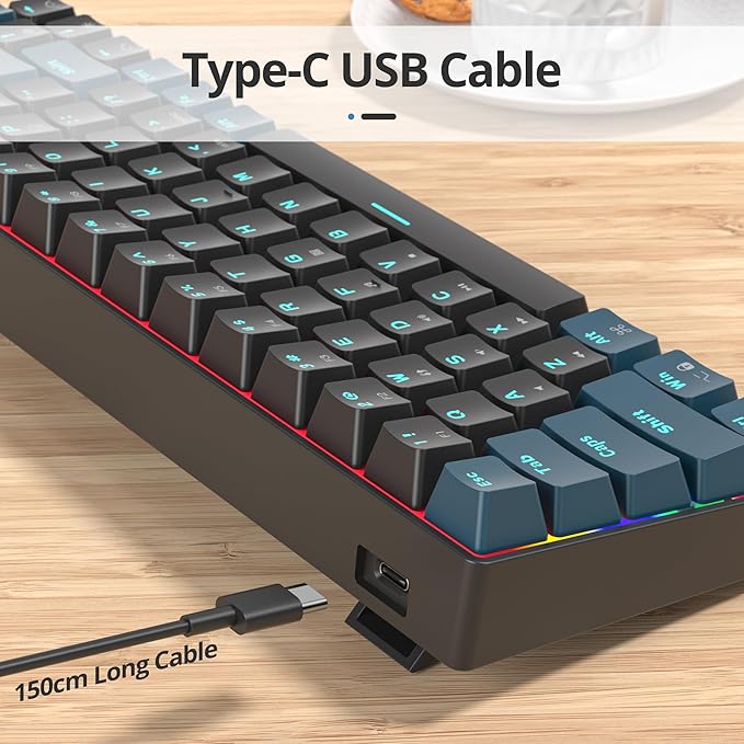 surmen 65% Mechanical Gaming Keyboard with Linear Red Switch Wired Mini Compact Keyboard 60 Percent Backlit for Laptop Desktop PC Gamers（68 Monster B-Rainbow）