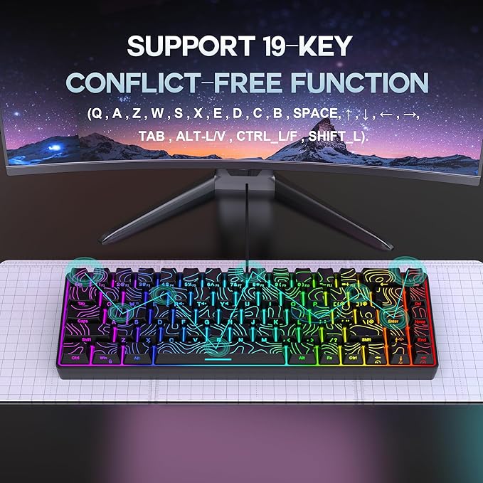 Snpurdiri 65% Wired Gaming Keyboard 68 Keys RGB Backlit Ultra-Compact Small Gaming Keyboard for PC/Mac Gamer Typist Travel Easy to Carry on Business Trip Black