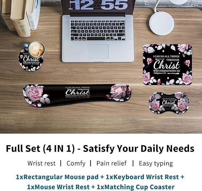 Mouse Pad with Wrist Rest+Keyboard Wrist Rest+Coaster All in One Mouse Pad Set of 4 for Easy Typing Pain Relief RYUITHDJP Memory Foam Wrist Support for Office Home Inspirational Quote Christian