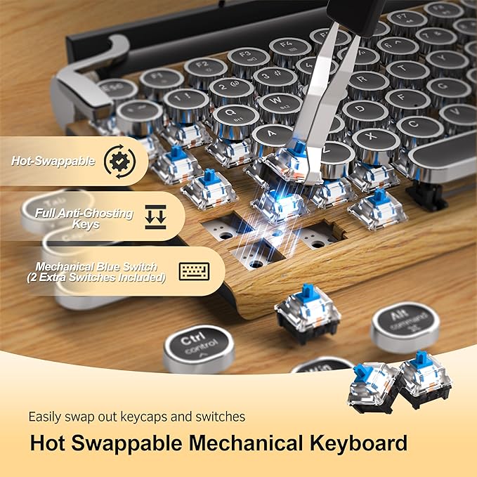 Retro Typewriter Wireless Mechanical Gaming Keyboard Bluetooth 5.0 Office Computer Vintage Keyboards 83-Key Blue Switches Punk Round Keycap LED Backlight Compatible with PC/Laptop/Pad/Phone Wood