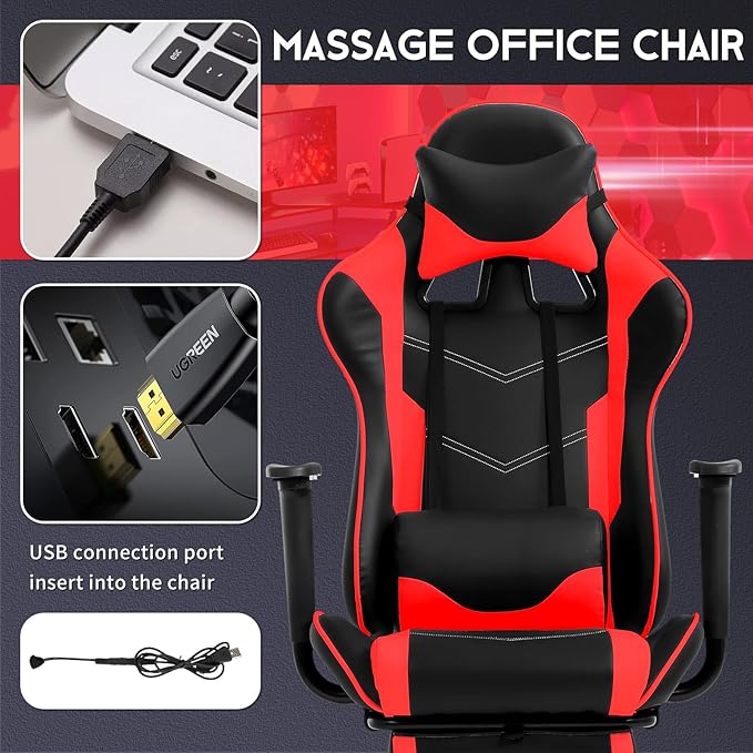BLKMTY Massage Gaming Chair with Footrest Ergonomic Office Chair Racing Computer Chairs PU Leather with High Back Lumbar Support Headrest Reclining Chairs Red