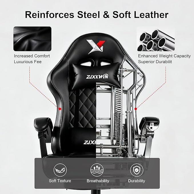 Vedio Gaming Chair with Footrest Lumbar Support for Home Office High Back Recliner Height Adjustable Ergonomic Comfy Leather Computer Desk ChairBlack