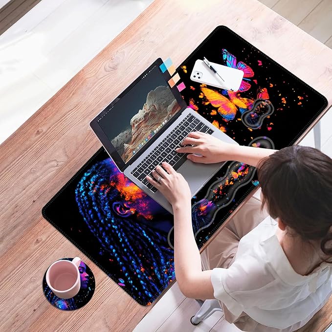 Mouse PadLarge Desk Mat Set 4in1 XL Mousepad + Keyboard Wrist Rest+Mouse Wrist Rest+Coaster with Ergonomic Desk Pad for Home Office Table Computer Cover -Neon Woman with Butterflies