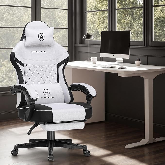 GTPLAYER Gaming Chair Fabric Computer Office Chair with Pocket Spring Cushion Ergonomic Office and Gaming Video Gaming Chair with Linkage Armrests High Back Desk Chair with Adjustable Recliner
