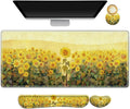 AIMSA Keyboard Mouse Pad Wrist Rest Extended Gaming Mouse Pad +Wrist Support Ergonomic Memory FoamXXL Large Mousepad 4Pcs (35×15.7 in) Desk Mat Sunflower Oil Painting