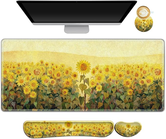 AIMSA Keyboard Mouse Pad Wrist Rest Extended Gaming Mouse Pad +Wrist Support Ergonomic Memory FoamXXL Large Mousepad 4Pcs (35×15.7 in) Desk Mat Sunflower Oil Painting