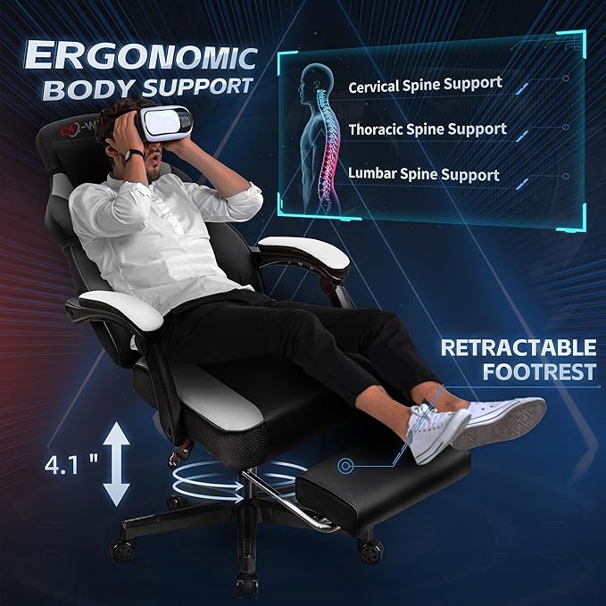 Video Gaming Chair for Adults Computer Chair with Footrest and Ergonomic High Back Big and Tall Gamer Chair with Massage Lumbar Support 360° Swivel Height Adjustable Computer Chair White