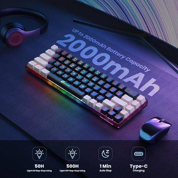 65% Wireless Gaming Keyboard: LED Backlit 68 Keys Ultra-Compact Anti-ghosting No-Conflict Wireless Keyboard for PC Laptop Windows Gamer(Black-White)