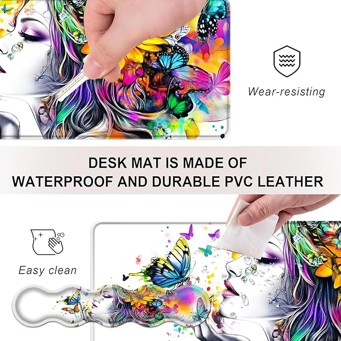 Mouse PadLarge Desk Mat Set 4in1 XL Mousepad + Keyboard Wrist Rest+Mouse Wrist Rest+Coaster with Ergonomic Desk Pad for Home Office Table Computer Cover -Woman with Floral Hair