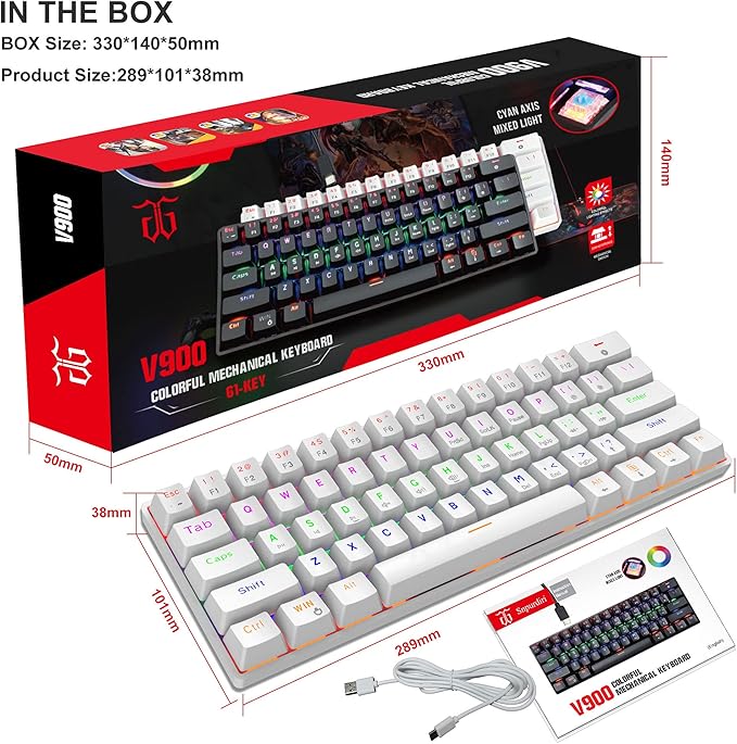 Snpurdiri Wired 60% Mechanical Gaming Keyboard Blue Switch Anti-Ghosting 61 Key Keyboard with RGB Backlit and Double Foot Ultra-Compact White