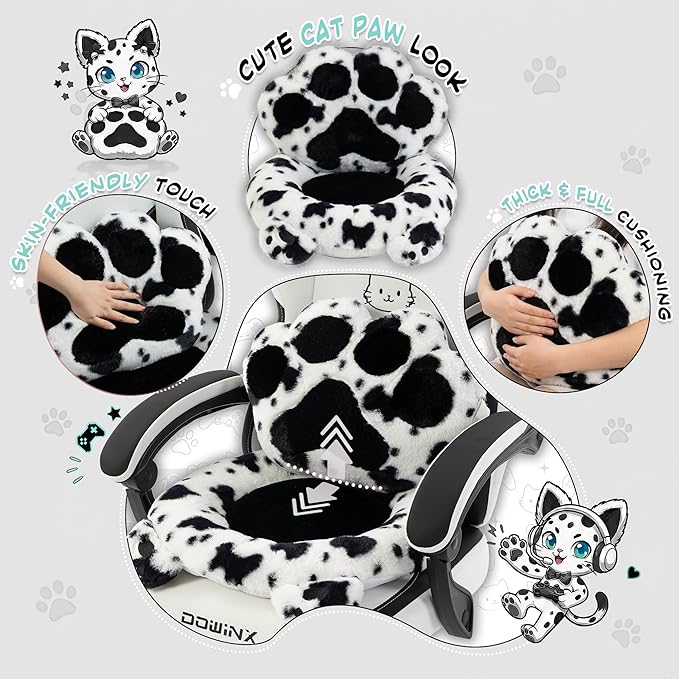 Dowinx Gaming Chair with Cat Ears and Paw Lumbar Pillow Ergonomic Reclining Chair Memory Foam and Spring Cushion Footrest 300lbs Capacity Cute and Comfortable Design for Women &amp Girls