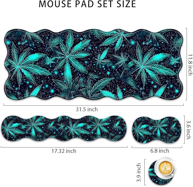 4 in 1 Desk Mat SetMouse Pad with Keyboard Wrist RestWave-Shaped DesignNon-Slip Rubber BaseWaterprooffor HomeOfficeGamingGreen Plant Leaf