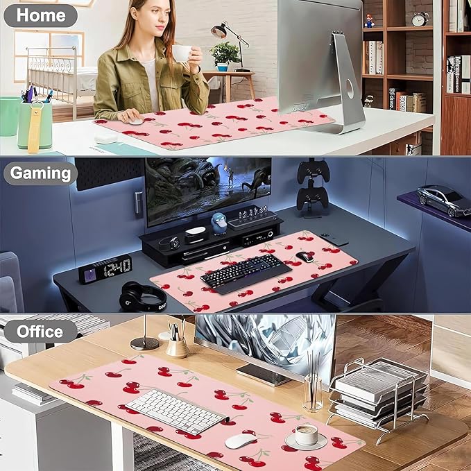 Cute Kawaii Cherry Office Desk Mat 23.6''X11.8''Pretty Design Desktop Mat Pu Leather Large Mouse Pad Aesthetic Mousepad Non-Slip Table Mat for Girls Women Home Work Computer Game