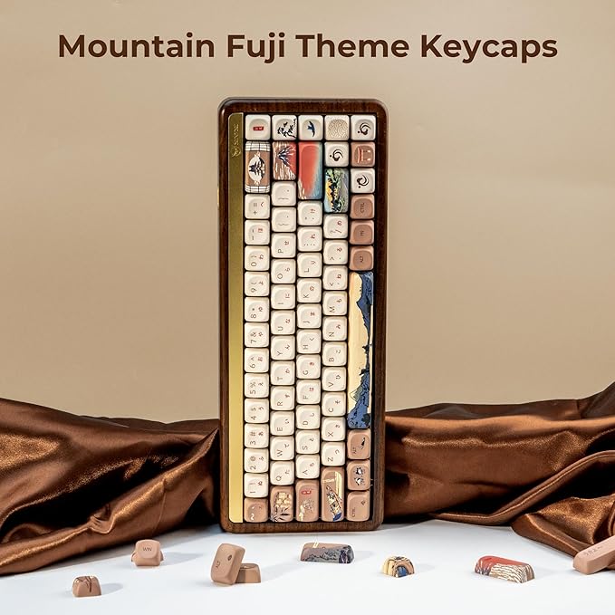 OHY XVX MOA Profile Japanese Fuji Mountain Theme PBT Keycaps Set 140-Key Coffee &amp Cream Custom Keycaps for US Layout Mechanical Keyboards (Brown/Beige Design with Key Puller)