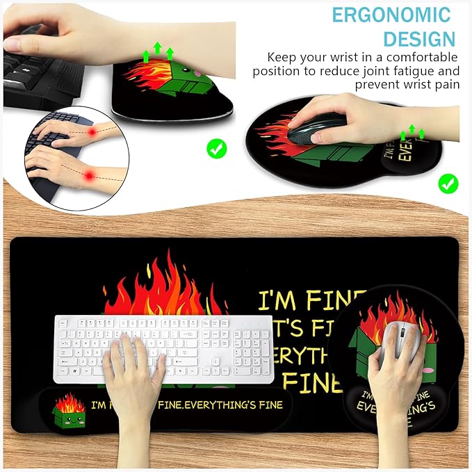 Blusabaca Dumpster on Fire Mouse Pad Desk Pad Funny Cute Desk Mat Large Gaming Mouse Pad with Wrist Rest Keyboard Pad Wrist Rest Ergonomic Cup Coaster Work Home Desk Accessories Office Supplies