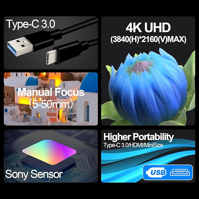 4K 60FPS H.264 Webcam HDMI USB3.0 Simultaneous Streaming Industrial Camera with Close-up 5-50mm Varifocal Lens for PC Windows Linux Mac Android