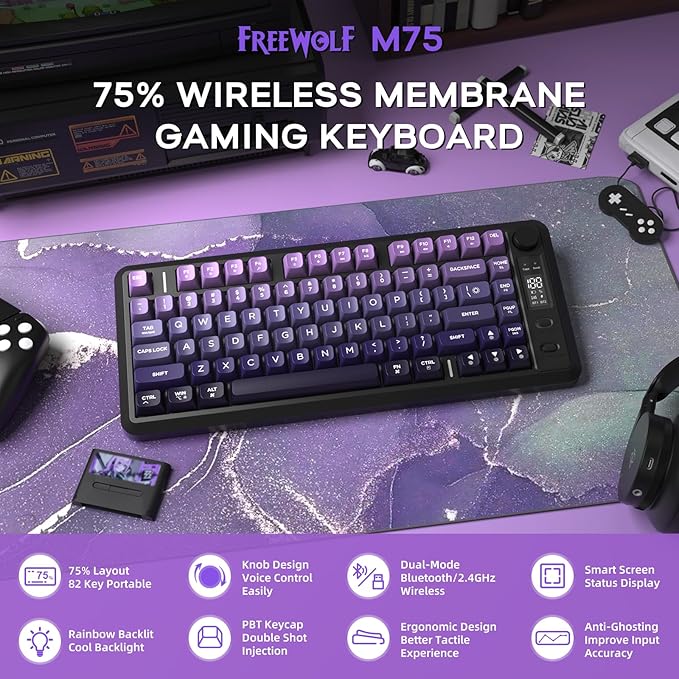 M75 Wireless Gaming Keyboard Mechanical Feel Membrane with Knob &amp OLED Display Bluetooth/2.4Ghz Rainbow Backlit Gradient PBT Keycaps 2000mAH Battery Anti-Ghosting-Purple