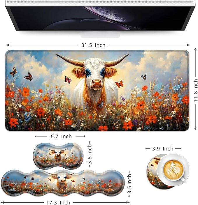 Keyboard Mouse Pad Set Extended Gaming Mouse Pad+Ergonomics Keyboard Wrist Rest Support Memory Foam Easy Typing Pain Relief 4Pcs XL Ultra Thick Desk MatCow Wildflower Butterflies