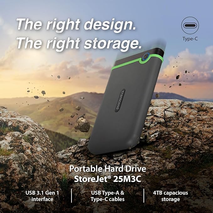 Transcend StoreJet 4TB Rugged External Hard Drive USB3.1(5Gbps) Type-C Portable HDD One Touch Auto-Backup Button/Anti-Shock Resistant/Compact&ampLightweight&ampLightning Fast-Speed Iron Grey-TS4T