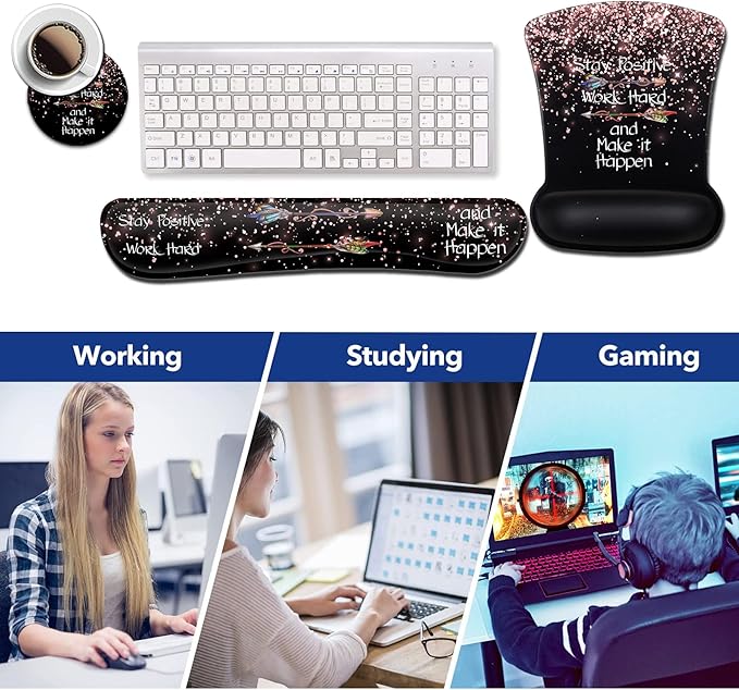 Mouse Pad with Wrist Support Ergonomic Gel Mouse Pad Memory Foam Keyboard Wrist Rest Suitable for Office Typing Games Desktop Decoration Rose Gold Glitter Black MousePads