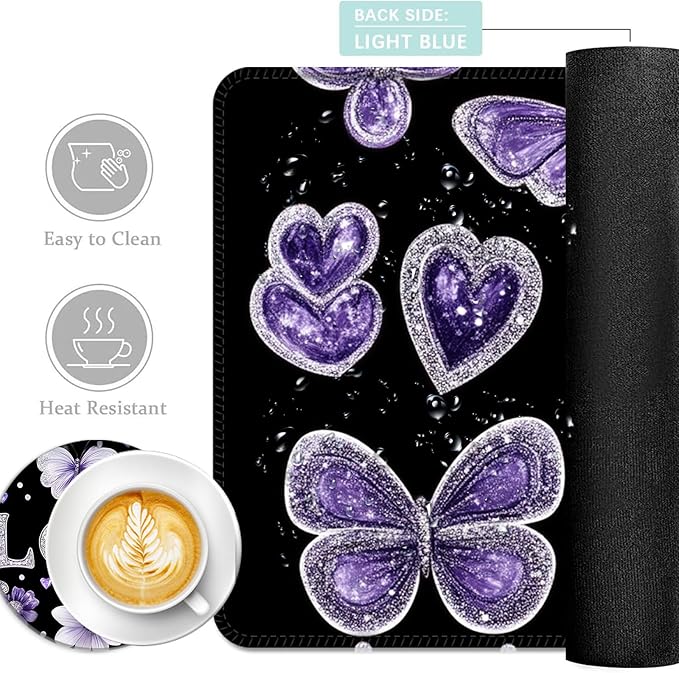 Keyboard Mouse Pad Set Extended Gaming Mouse Pad+Ergonomics Keyboard Wrist Rest Support Memory Foam Easy Typing Pain Relief 4Pcs XL Ultra Thick Desk MatGlitter Love Butterflies Flowers