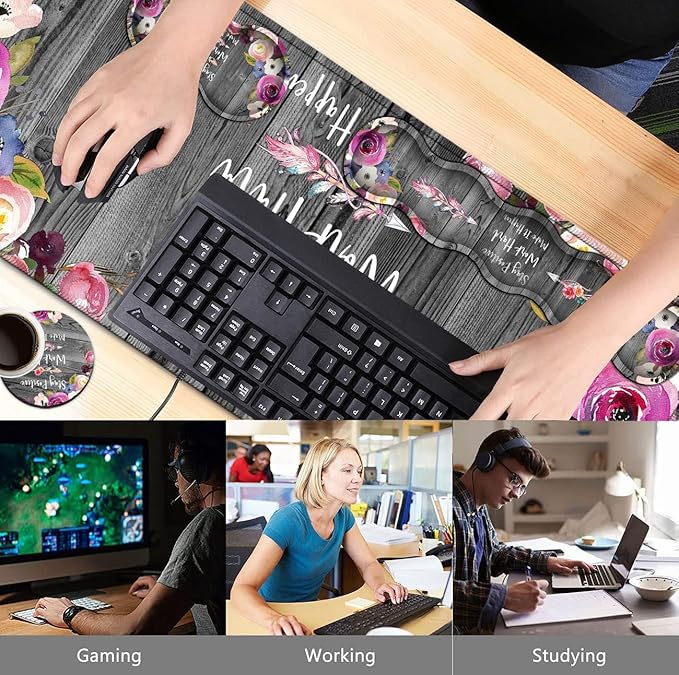 Office Desk PadLarge Mouse PadLaptop Desk Table Protector Writing Mat Ergonomic Extended Black Mouse Pad Memory Foam Keyboard Wrist Rest Support Set Inspirational Work Hard and Flowers Desk Mat