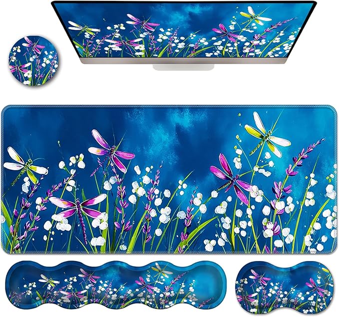 Ergonomic Keyboard Wrist Rest &amp Mouse Pad Wrist Rest SetXL Gaming Desk Mat 31.5x 11.8Non-Slip BaseMemory FoamEasy Typing Pain Relief for Office &amp HomeDragonflies Over Flower Field