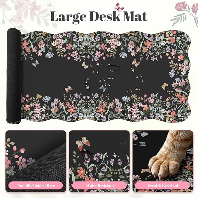 iLeadon Floral Desk Cover Mat Cute Ergonomic Mouse Pad and Keyboard Wrist Rest Smooth Mouse Pad Set Non Slip Scalloped Desk Pad Mat for Keyboard and Mouse Set Women Aesthetics(Black)