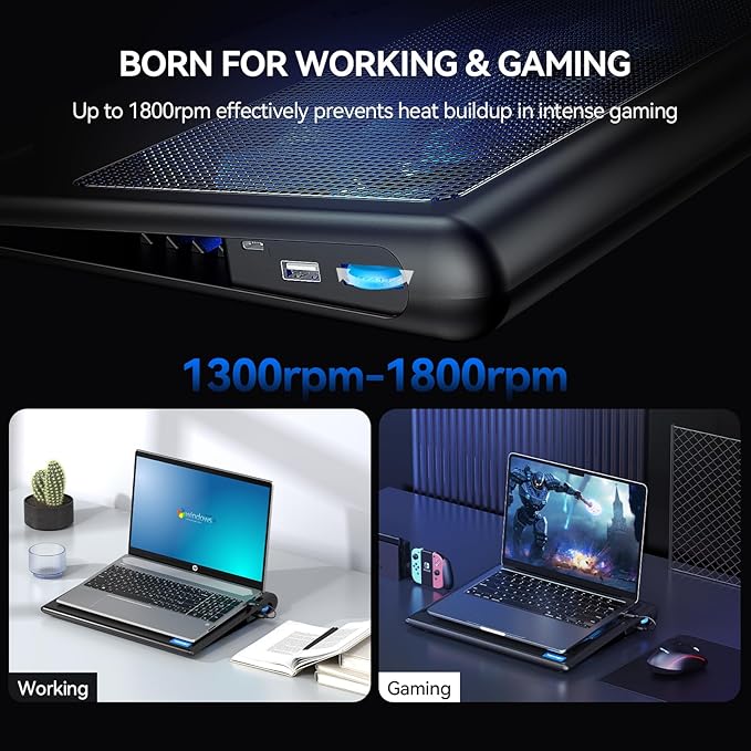 TECKNET Laptop Cooling Pad - 12-15.6 Laptops Cooler Powerful Cooler and Ultra Quiet for Gaming Laptops Pad 2 Wind Speed Adjustable USB A &amp C Powered Cooler Stand with Laptop Fan LED (Blue)