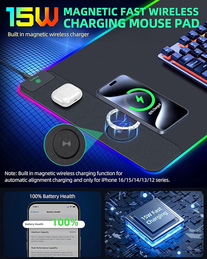 Upgraded Mouse Pad with Wireless Charging RGB Gaming Desk Mat 31.5x15.7 Large XXL Desk Pad 15 Light Modes Ultra-Smooth Surface Non-Slip Mouse Mat Waterproof Computer Keyboard Pad Black