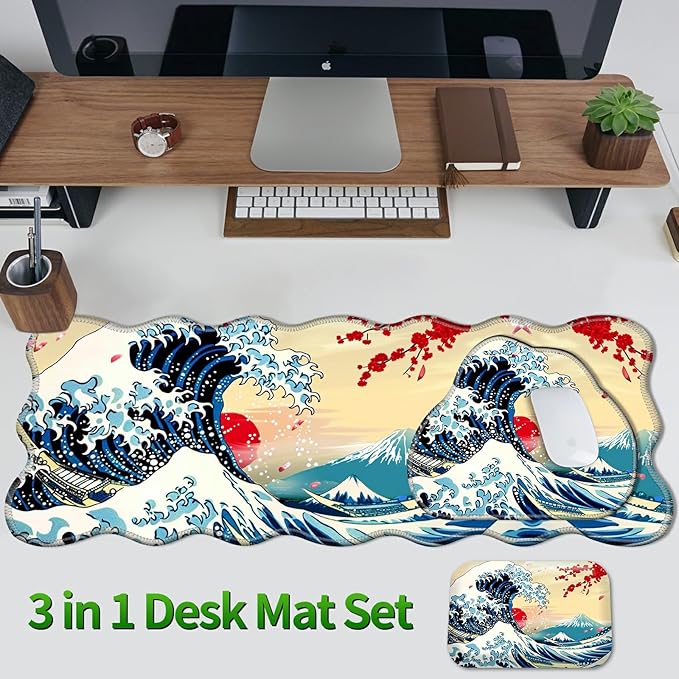 3-Piece Ergonomic Desk Mat and Cloud Wrist Rest Set Large 31.5 x 11.8 Wave Office Desk Pad with Memory Foam Support Non-Slip PU Computer Protector for Home Gaming &amp Writing Sunset Wave
