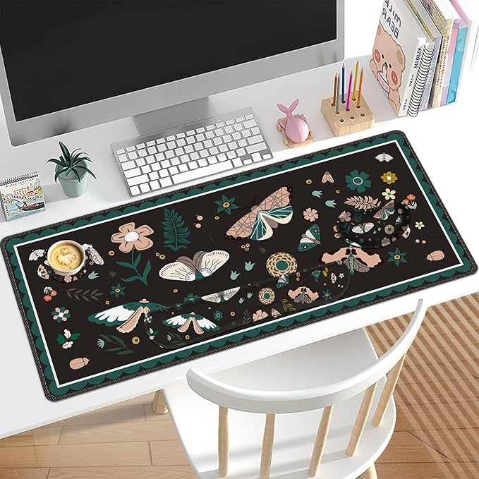 Large Mouse Pad and Keyboard Wrist Rest Desk Pad for Keyboard and Mouse Gaming Mousepad with Wrist Support Non-Slip Desk Mat for Home Office Black Butterfly Flower