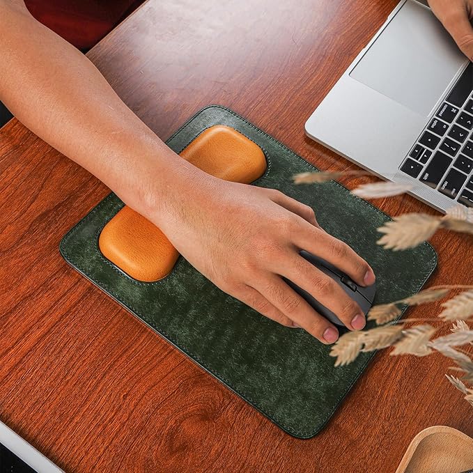 Leather Mouse Pad with Wrist Support Vintage Frosted Leather Handmade Ergonomic Design 25x21cm (Green with Yellow)