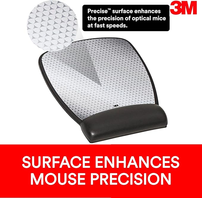 3M Precise Mouse Pad with Gel Wrist Rest Soothing Gel Comfort with Durable Easy to Clean Leatherette Cover Optical Mouse Performance 8.6 x 6.8 Black (MW309LE)