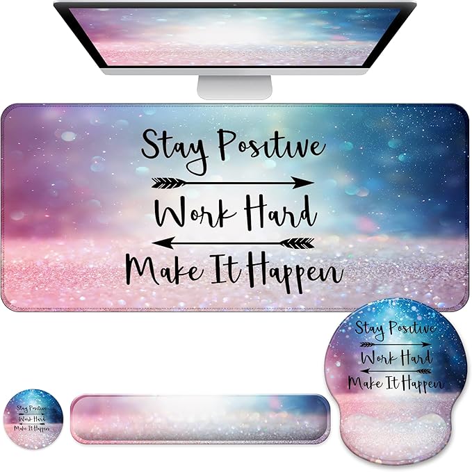 Desk Mat Set + Keyboard and Mouse Pad with Wrist Rest Support4-in-1 Large Mousepad Computer Mats for Desktop Home &amp Office-Glitter Pink Blue