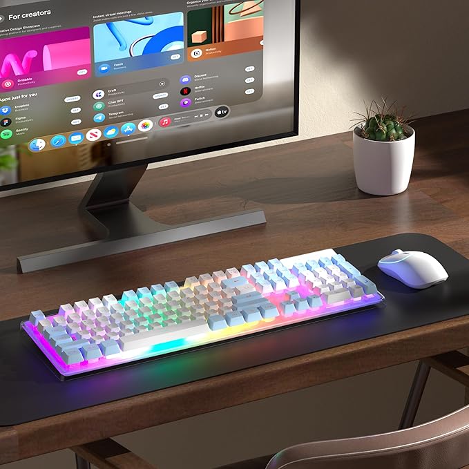 MageGee V550 Wireless Gaming Keyboard and Mouse 2.4G Full-Sized RGB LED Computer Keyboards with Transparent Shell Rechargeable Quiet Cordless Mouse &amp Keyboard Combo for Laptop/PC (Blue &amp Whi