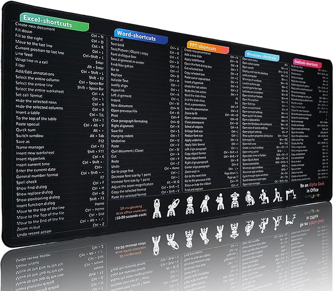 Keyboard Shortcuts Mouse Pad Windows/Excel/Word/PPT/Classic Outlook Cheat Sheet Desk Mat Large XXL Mousepad for Employees Coworkers Appreciation Gifts35.4×15.7 inch
