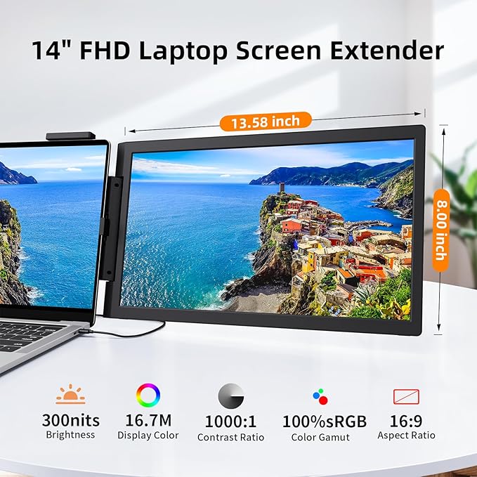 Laptop Screen Extender 14 1080P Portable Monitor Type-C HDMI Plug and Play for 13.3 - 16.1 Laptops 270° Rotation Attachment Display for Windows/MacOS/Chrome Laptop Phone