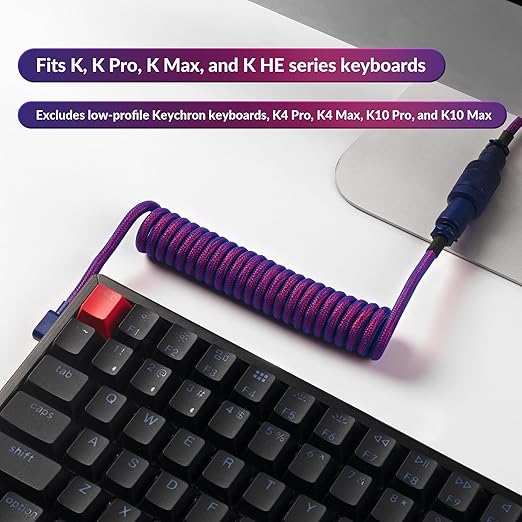 Keychron Premium Coiled USB-C Angled Purple Cable 5-Pin GX16 Detachable Metal Connector USB-A Adapter Double-Sleeved Design for Mechanical Keyboards Charging and Data Sync