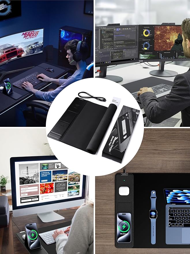 TopMade 4-in-1 Mouse Pad with 15W Wireless Charging Foldable Phone Holder 31.5 x 15.75 XXL Large Desk Pad Gaming Mousepad with Ultra-Smooth Surface Non-Slip Base Waterproof Desk Mat Black